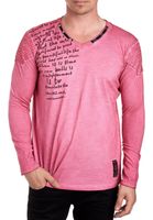 Trendiges Herren Longsleeve V-Ausschnitt Washed Print Design Slim Fit Langarm-Shirt 10117 Dunkel-Rosa