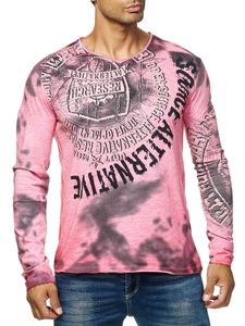 Markantes Herren Longsleeve V-Ausschnitt Washed Print Design Slim Fit Langarm-Shirt 10135 Koralle