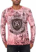 Stylisches Herren Longsleeve Rundhals Washed Print Design Slim Fit Langarm-Shirt 10142 Koralle