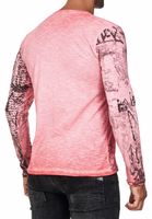 Stylisches Herren Longsleeve Rundhals Washed Print Design Slim Fit Langarm-Shirt 10142 Koralle