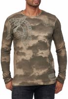 Lässiges Herren Longsleeve Rundhals Washed Print Design Slim Fit Langarm-Shirt 10144 Khaki
