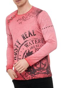 Markantes Herren Longsleeve Rundhals Print Design Washed Look mit Knopfleiste Slim Fit Langarm-Shirt 10145 Rot
