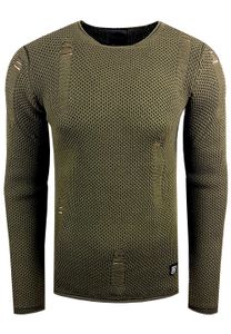 Modern men's knitted sweater in a distressed look, slim fit, crew neck sweater with textured knit, 13249 Khaki