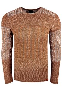 Klassischer Herren Strick-Pullover mit Zopfmuster Slim Fit Rundhals-Sweater im Strukturstrick Design 13265 Camel