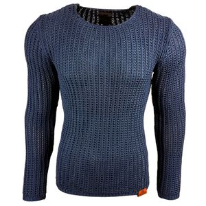 Modern men's textured knit sweater, slim fit, crew neck sweater 13267 Petrol