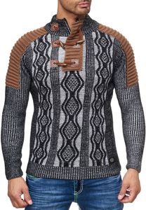Striking men's knit sweater with stand-up collar and toggle closure. Contrast knit sweater 13285 Black/White