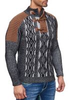 Striking men's knit sweater with stand-up collar and toggle closure. Contrast knit sweater 13285 Black/White