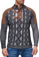 Striking men's knit sweater with stand-up collar and toggle closure. Contrast knit sweater 13285 Black/White