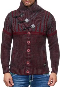 Stylish men's chunky knit sweater with stand-up collar and toggle closure, contrast knit sweater 13288 Bordeaux