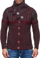 Stylish men's chunky knit sweater with stand-up collar and toggle closure, contrast knit sweater 13288 Bordeaux