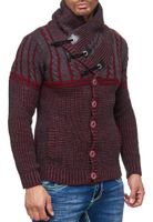 Stylish men's chunky knit sweater with stand-up collar and toggle closure, contrast knit sweater 13288 Bordeaux