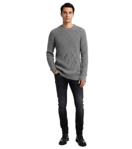 Urbaner Biker-Strickpullover für Herren mit Rundhalsausschnitt Sweater im modernen Used-Look mit Destroyed-Details 13293 Grau