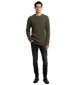 Urbaner Biker-Strickpullover für Herren mit Rundhalsausschnitt Sweater im modernen Used-Look mit Destroyed-Details 13293 Khaki
