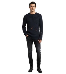 Urbaner Biker-Strickpullover für Herren mit Rundhalsausschnitt Sweater im modernen Used-Look mit Destroyed-Details 13293 Marine