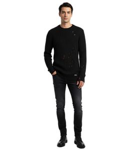 Urbaner Biker-Strickpullover für Herren mit Rundhalsausschnitt Sweater im modernen Used-Look mit Destroyed-Details 13296 Schwarz