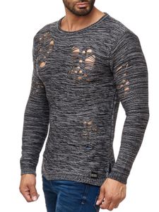 Modern men's knitted sweater in a destroyed look, crew neck sweater 13295 Grey