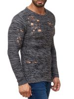 Modern men's knitted sweater in a destroyed look, crew neck sweater 13295 Grey