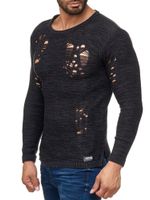 Modern men's knitted sweater in a destroyed look, crew neck sweater 13295 Black