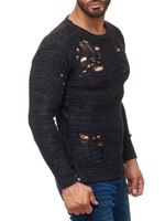 Modern men's knitted sweater in a destroyed look, crew neck sweater 13295 Black