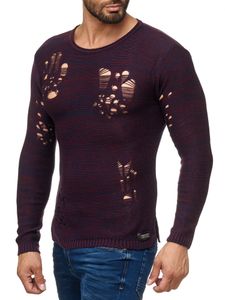 Modern men's knitted sweater in a distressed look, crew neck sweater 13295, wine red