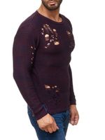 Modern men's knitted sweater in a distressed look, crew neck sweater 13295, wine red
