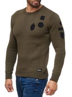 Trendiger Herren Rundhals-Sweater mit Patches Strick-Pullover im Military Style 13297 Khaki