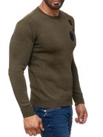 Trendiger Herren Rundhals-Sweater mit Patches Strick-Pullover im Military Style 13297 Khaki
