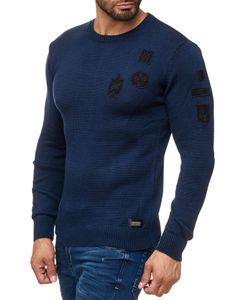 Trendy men's crew neck sweater with patches, knitted pullover in military style 13297 Navy