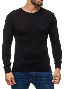 Trendy men's crew neck sweater with patches, knitted pullover in military style 13297 Black