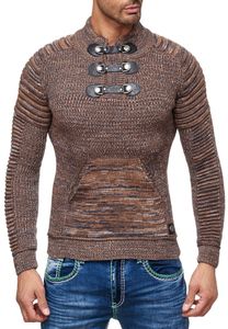 Striking men's chunky knit sweater with stand-up collar and collar closure. Textured knit sweater 13299 Camel