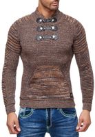 Striking men's chunky knit sweater with stand-up collar and collar closure. Textured knit sweater 13299 Camel