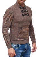 Striking men's chunky knit sweater with stand-up collar and collar closure. Textured knit sweater 13299 Camel