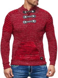 Striking men's chunky knit sweater with stand-up collar and collar closure. Textured knit sweater 13299 Red