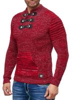 Striking men's chunky knit sweater with stand-up collar and collar closure. Textured knit sweater 13299 Red
