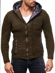 Modern men's knit jacket with hood and asymmetrical zipper, biker look, knit hoodie 13302 Khaki