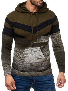 Men's sporty knit hooded pullover in colorblock design, sweater with kangaroo pocket, hoodie 13311 Khaki