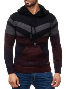 Men's sporty knit hooded pullover in colorblock design, sweater with kangaroo pocket, hoodie 13311, burgundy