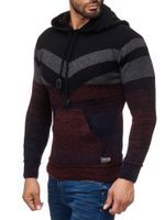 Sportlicher Herren Strick Kapuzen-Pullover im Colorblock Design Sweater mit Kängurutasche Hoodie 13311 Weinrot