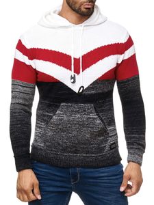 Men's sporty knit hooded pullover in colorblock design, sweater with kangaroo pocket, hoodie 13311 White