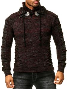 Markanter Herren Grobstrick-Pullover mit Stehkragen und Kragenverschluss Strick-Sweater mit Struktur und Raff-Optik 13320 Rot