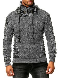Markanter Herren Grobstrick-Pullover mit Stehkragen und Kragenverschluss Strick-Sweater mit Struktur und Raff-Optik 13320 Schwarz