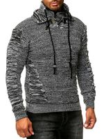 Markanter Herren Grobstrick-Pullover mit Stehkragen und Kragenverschluss Strick-Sweater mit Struktur und Raff-Optik 13320 Schwarz