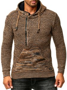 Sporty men's hooded pullover with half-zip and textured knit hoodie sweater 13323 Brown