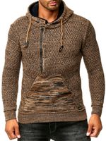 Sporty men's hooded pullover with half-zip and textured knit hoodie sweater 13323 Brown
