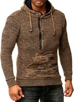 Sporty men's hooded pullover with half-zip and textured knit hoodie sweater 13323 Brown