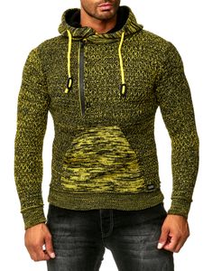 Sporty men's hooded pullover with half-zip and textured knit hoodie sweater 13323 Yellow