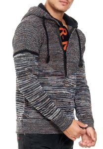 Modern men's knit hooded pullover with half-zip, melange hoodie 13345 Navy