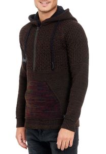 Casual men's knit hooded sweater with half-zip, biker-style hoodie 13346, burgundy