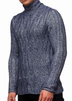 Pull homme polyvalent en grosse maille à col montant et motif intégré, en laine, référence 13353, coloris marine
