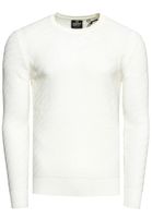Stylish men's fine-knit sweater with diagonal textured pattern, crew neck sweater 13374 White